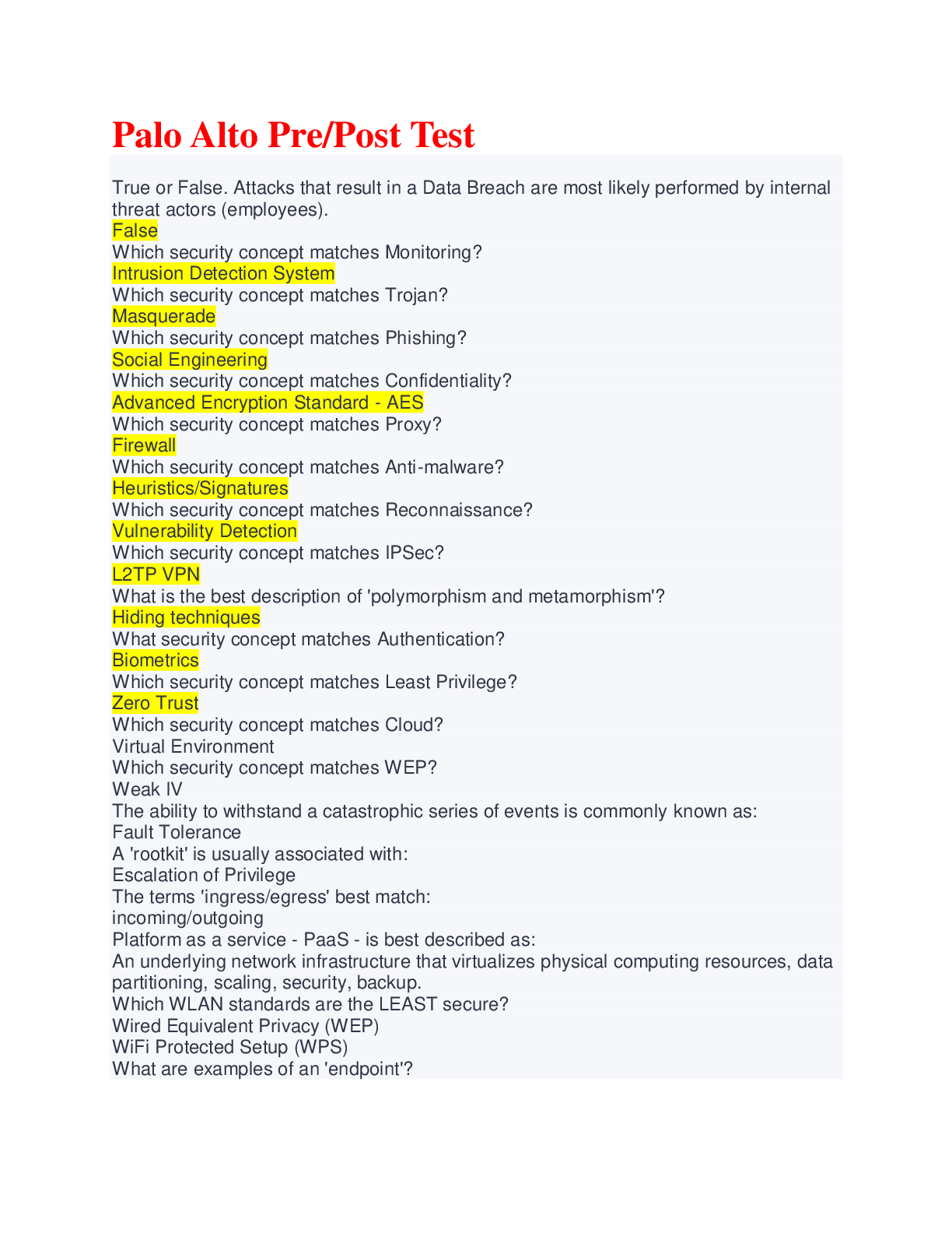 Preview image for Palo Alto Pre/Post Test Questions and Answers Already Graded A